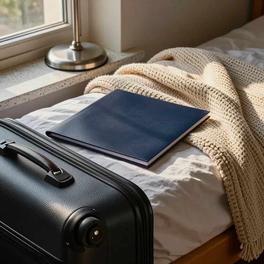 Walizka, folder stypendialny, lampka i pled na łóżku w półrozpakowanym pokoju studenckim.